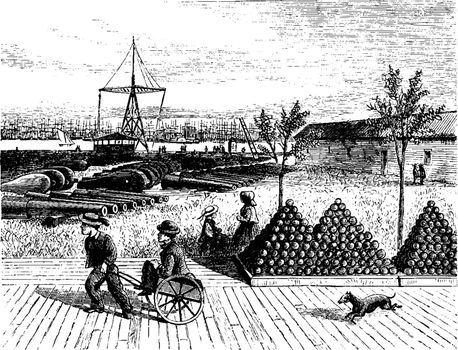 Shipyard Dock, vintage illustration.