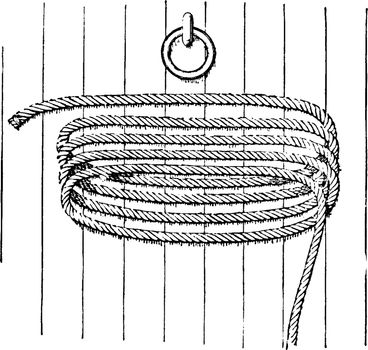 Rope Coiled in Fakes on Deck, vintage illustration.