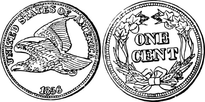 Copper-Nickel Cent Coin, 1856 vintage illustration. 