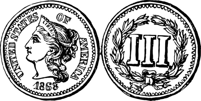 Copper-Nickel Three Cent Coin, 1865 vintage illustration. 