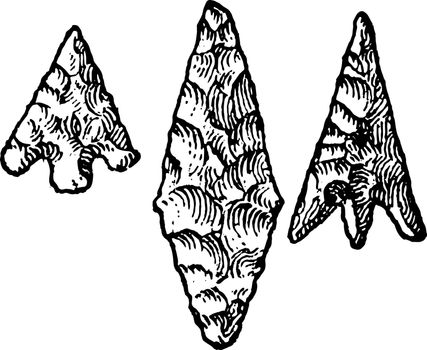 Neolithic Implements Flint Arrowheads vintage illustration. 