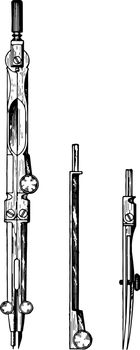 Compasses and Attachments vintage illustration. 