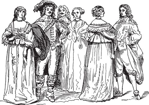 Nobility from the Time of Charles I, vintage illustration.