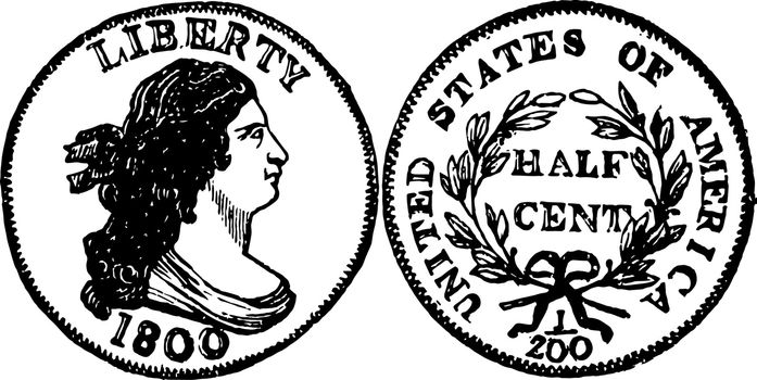 Copper Half Cent Coin, 1800 vintage illustration. 