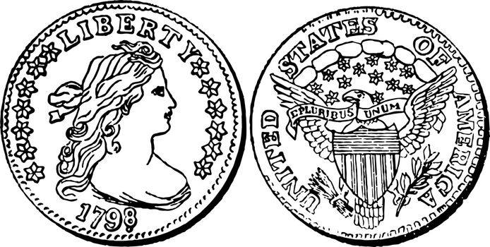 Silver Dime Coin, 1796 vintage illustration. 