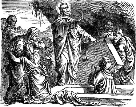 The Resurrection of Lazarus of Bethany vintage illustration. 