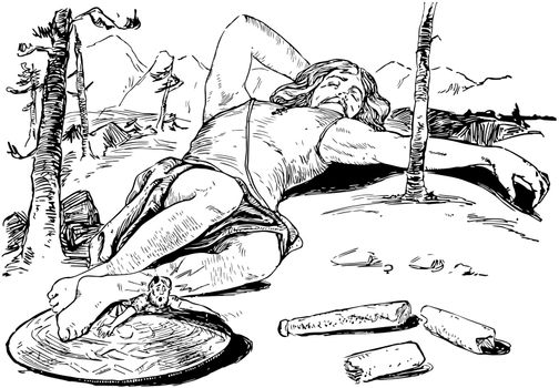 Thor Stuck Under Hrungnir's Foot vintage illustration. 