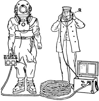 A communication system by which a diver and the surface can connect to each other, vintage line drawing or engraving illustration.