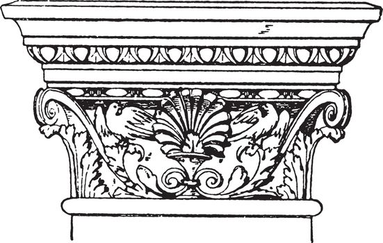Corinthian Pilaster Capital, elements,  vintage engraving.