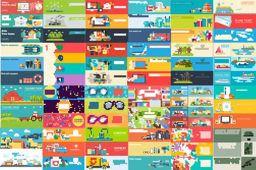 Big collection of banners in flat style. In Set themes business, airport, online workshop, travel, medicine, eco, news, home appliance, farm, food, glasses, city, army, painter, export. Vector design