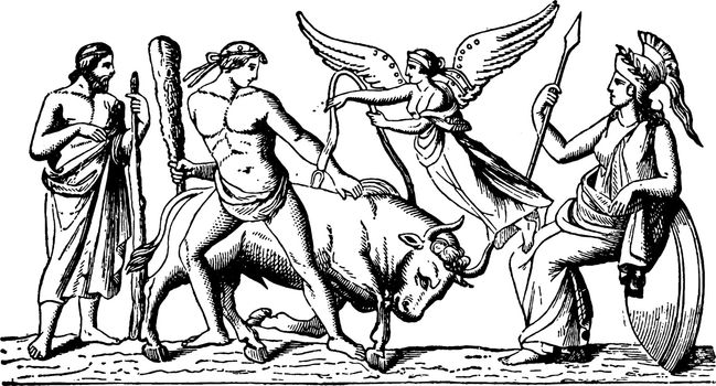 Theseus and the minotaur vintage illustration. 