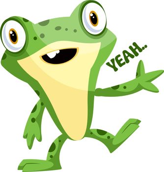 Happy baby frog waving, with a yeah text on a side, illustration
