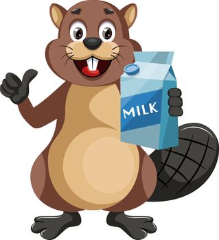 Beaver with milk, illustration, vector on white background.