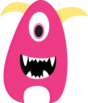 Cute smiling pink one-eyed monster with yellow horns vector illu