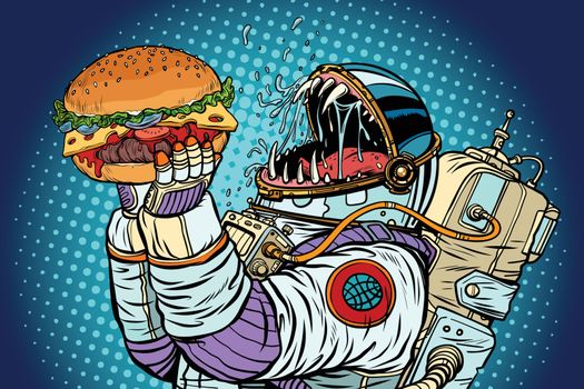 Astronaut monster eats burger. Greed and hunger of mankind conce