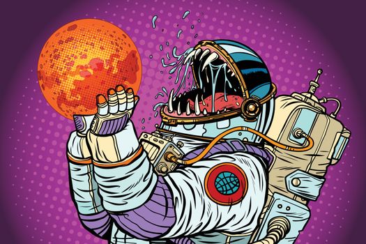 Astronaut monster eats Mars. Greed and hunger of mankind concept