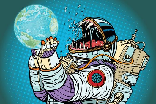 Astronaut monster earth planet. Greed and hunger of mankind conc