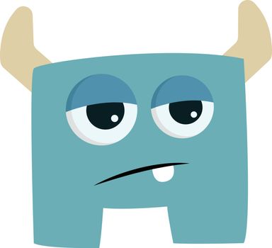 Blue tired monster with horns, vector or color illustration. 
