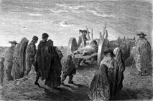 Burial of a peasant near Zamora (Old Castile), vintage engraving
