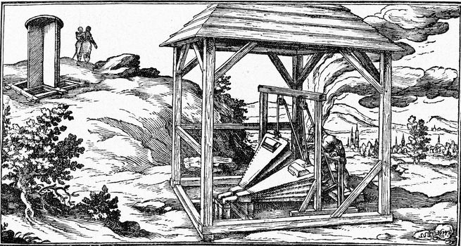 Ventilation well of an old mine, vintage engraving.