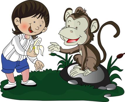 Vector of girl giving banana to monkey.