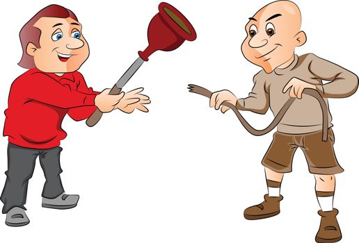 Vector of two men with plunger and a hose.