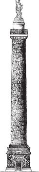 Trajan column, in Rome, vintage engraving.