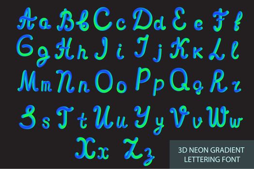 Neon 3D Typeset with Rounded Shapes. Tube Hand-Drawn Lettering. Font Set of Painted Letters. Night Glow Effect or liquid. Trendy alphabet Latin letters from A to Z. Vector illustration.