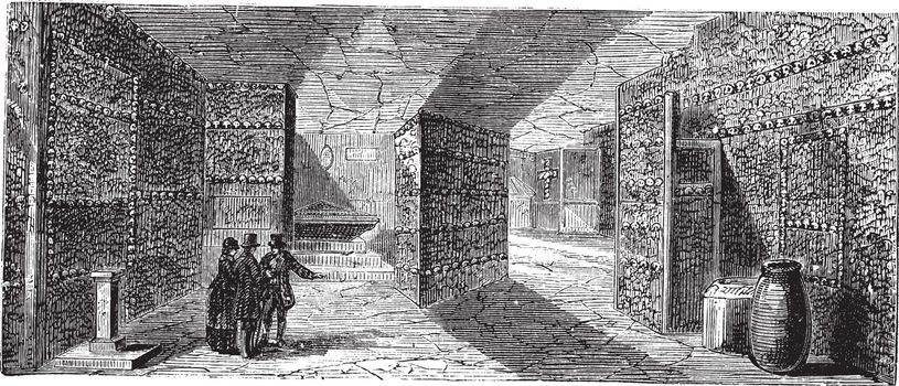 Catacombs or Ossuary,Paris, France vintage engraving