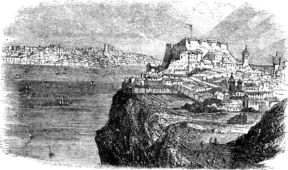 Lisbon, view from the south bank of the Tagus, vintage engraving