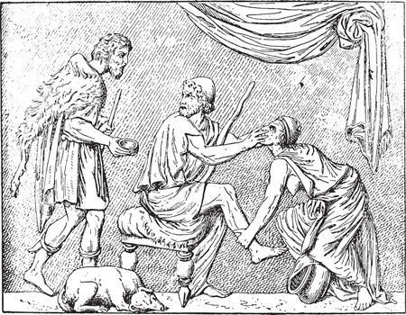 Odysseus and his nurse, vintage engraving.