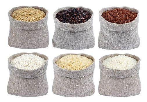 Different types of rice in bags isolated on white background. Collection