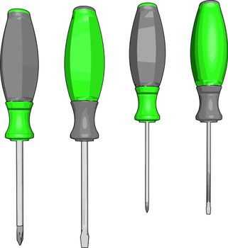 Green screwdrivers, illustration, vector on white background.