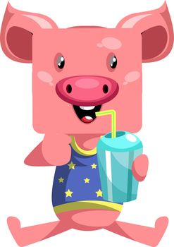 Pig with water, illustration, vector on white background.