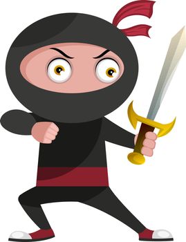 Ninja with sword, illustration, vector on white background.