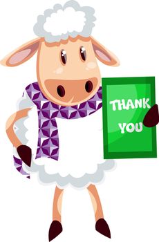 Sheep with thank you note, illustration, vector on white background.