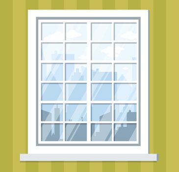 Big glass window with skyscraper view, office interior with look at city line