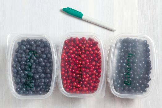 Berries laid out in containers, signed with a marker and prepared for freezing and storage, top view