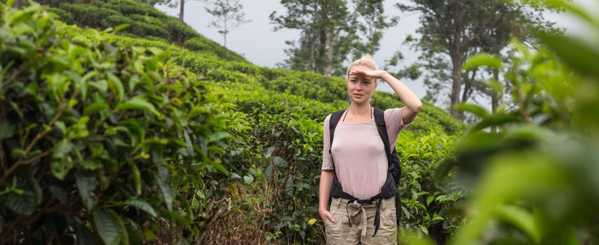 Active caucasian blonde woman enjoing fresh air and pristine nature while tracking among tea plantaitons near Ella, Sri Lanka. Bacpecking outdoors tourist adventure