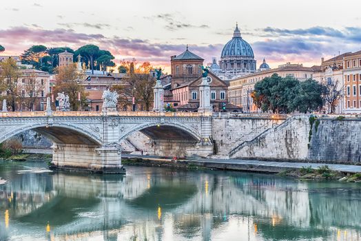 Sunset over the Tiber river in Rome, Italy