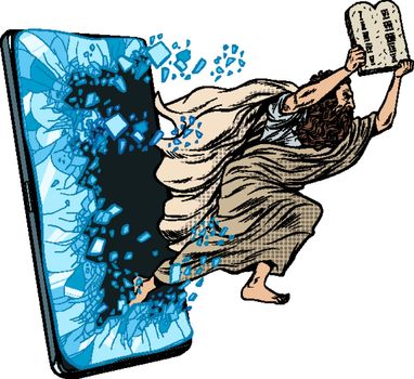 Moses the prophet with the tablets of commandments. Christian online news concept. Phone gadget smartphone. Online Internet application service program. Pop art retro vector illustration drawing vintage kitsch