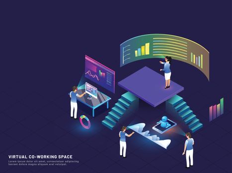 Remote Co-Working concept based isometric illustration with min