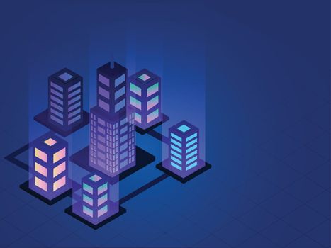 Isometric illustration of smart buildings on shiny blue backgrou