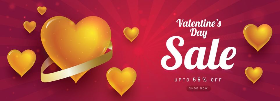 Glossy golden heart shapes decorated sale banner design with 55% discount offer for Valentine's Day celebration.