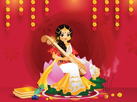 Beautiful greeting card design with goddess saraswati character 