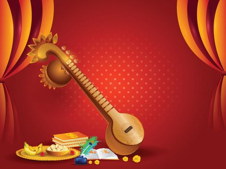 Veena instrument and religious offerings illustration on red cur
