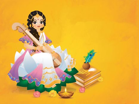 Beautiful goddess saraswati character with festival elements on 