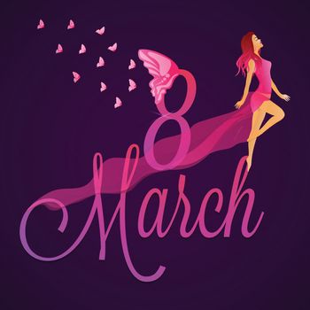 Stylish lettering of 8 March with butterflies and young girl cha