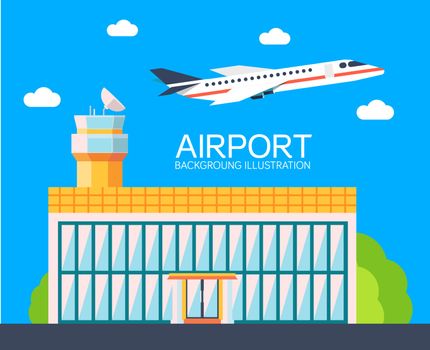 flat building airport with flying plane tour concept background.  Vector illustration for colorful template for you design, web and mobile applications