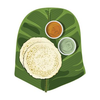 Karnataka dish Neer Dosa with Chutney and Sambar on banana leaf.